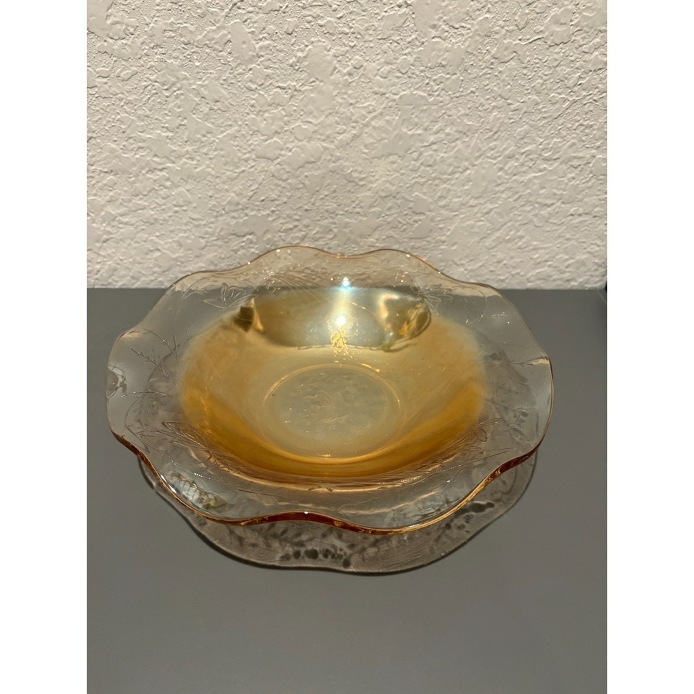 Vintage Jeannette Glass Floragold "Louisa" Ruffled Edge Carnival Glass Bowl, 9.5
